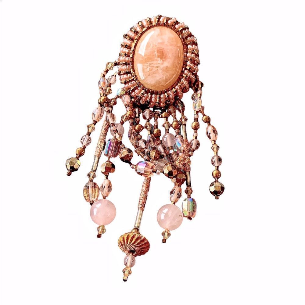 Vintage Pink Agate gold Swarovski Crystal hand beaded festoon style 5”x 2” pin